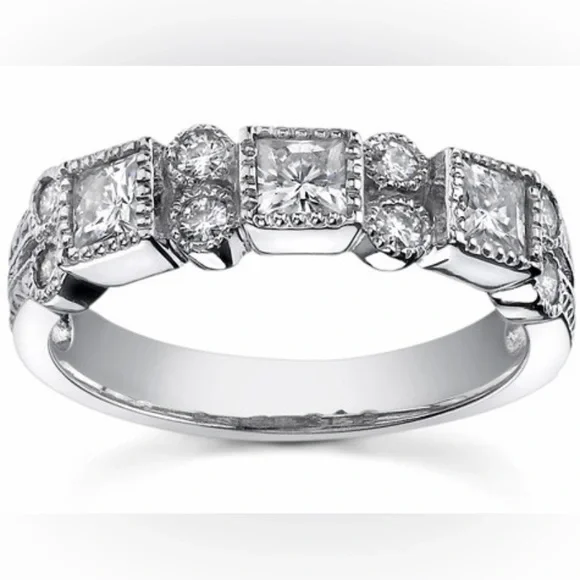 3mm Princess Moissanite Milgrain Anniversary Ring #ann183b white gold - Picture 2 of 10